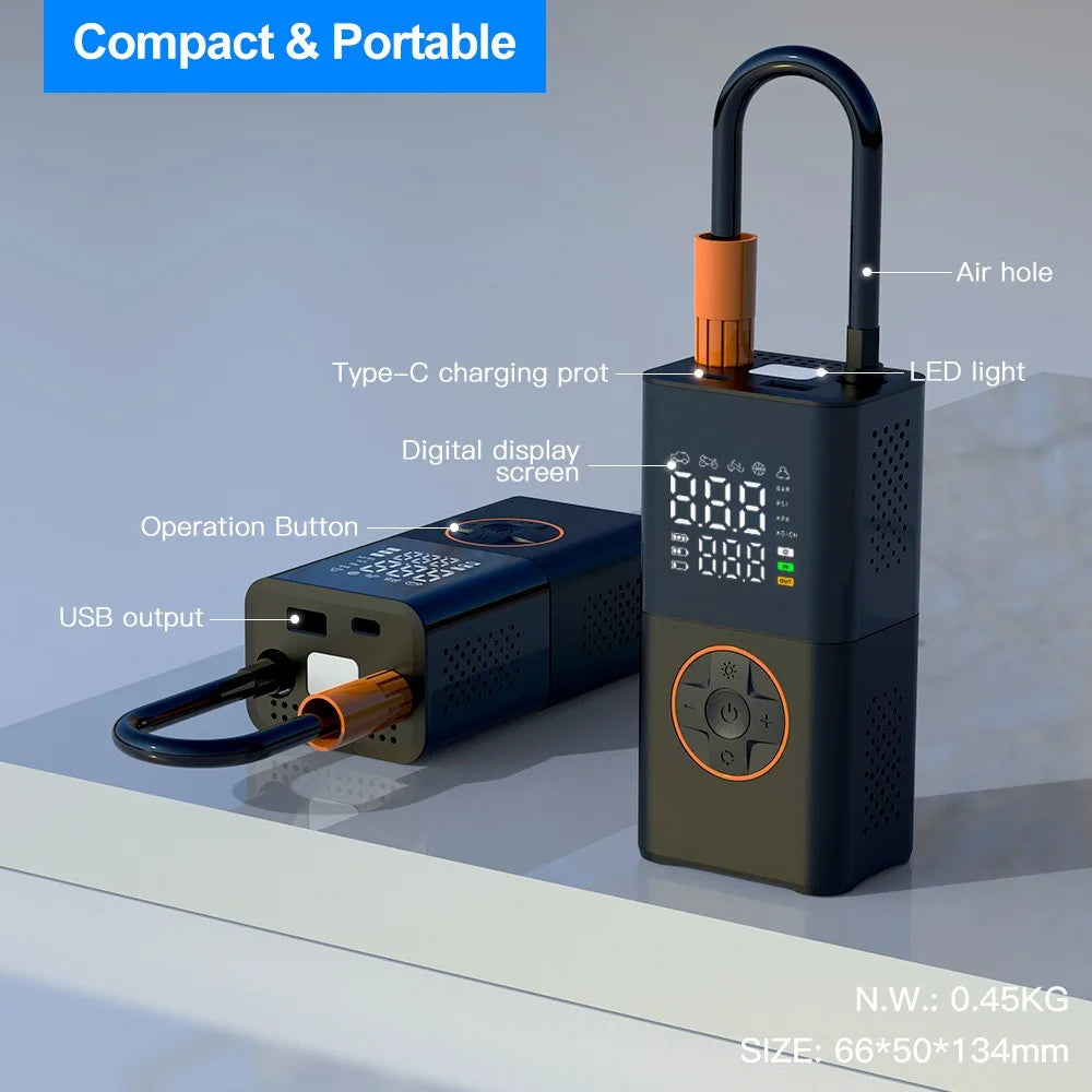 Effortless Tire Inflation Anywhere - Portable Mini Air Inflator with Wireless Charging and Digital Display